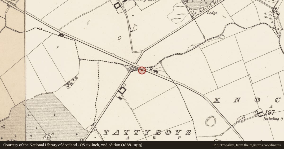 Ordnance Survey six-inch map, 2nd edition (1888–1915) covering the location of Fulacht fia, Tattyboys, County Louth, with a pin at the register's coordinates