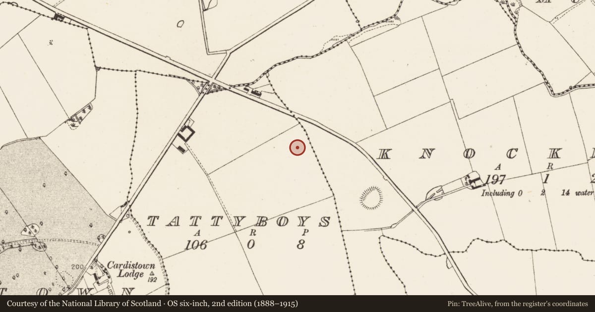 Ordnance Survey six-inch map, 2nd edition (1888–1915) covering the location of Burnt spread, Tattyboys, County Louth, with a pin at the register's coordinates