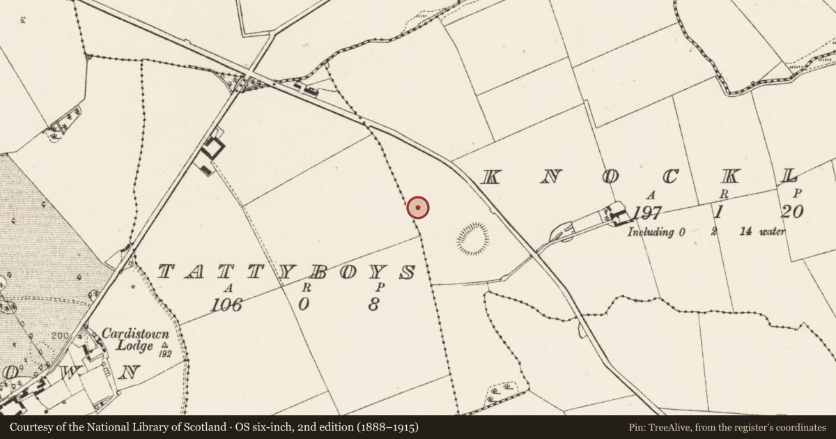 Ordnance Survey six-inch map, 2nd edition (1888–1915) covering the location of Burnt spread, Knocklore, County Louth, with a pin at the register's coordinates