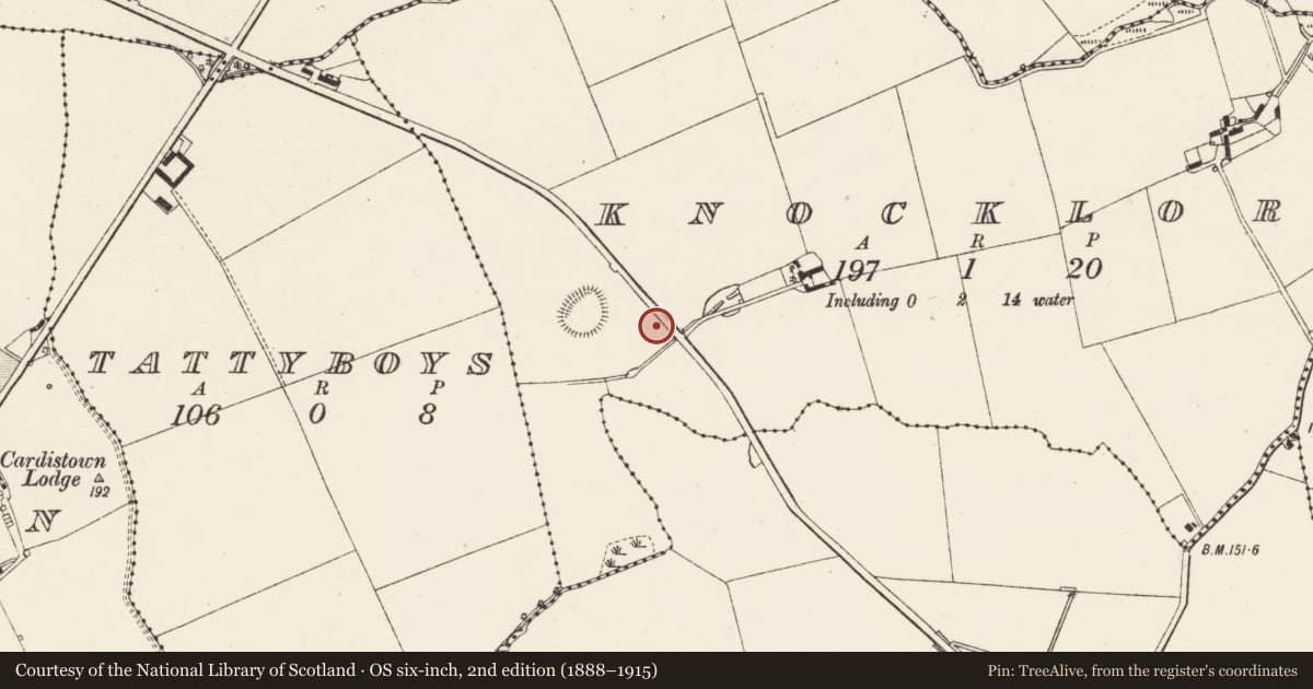 Ordnance Survey six-inch map, 2nd edition (1888–1915) covering the location of Fulacht fia, Knocklore, County Louth, with a pin at the register's coordinates