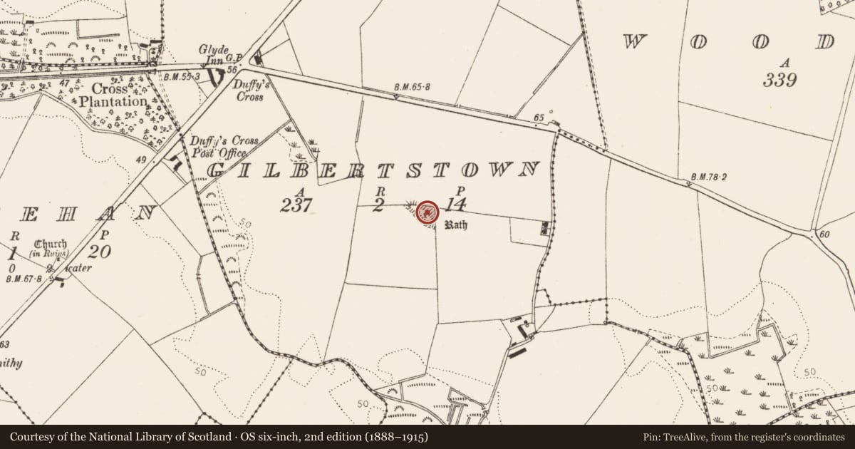 Ordnance Survey six-inch map, 2nd edition (1888–1915) covering the location of Earthwork, Gilbertstown (Louth by, County Louth, with a pin at the register's coordinates