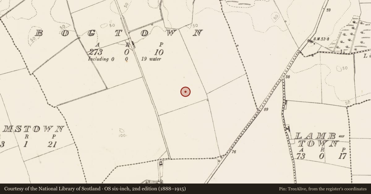 Ordnance Survey six-inch map, 2nd edition (1888–1915) covering the location of Moated site, Bogtown, County Louth, with a pin at the register's coordinates