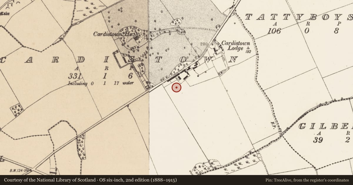 Ordnance Survey six-inch map, 2nd edition (1888–1915) covering the location of Enclosure, Cardistown, County Louth, with a pin at the register's coordinates