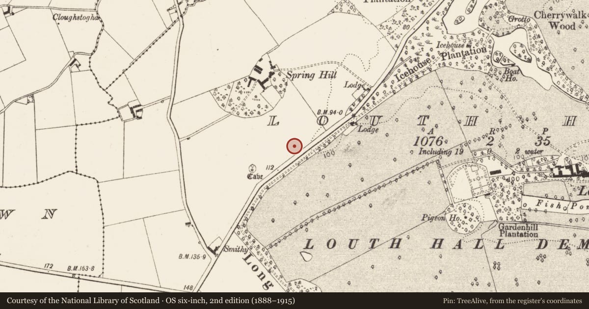 Ordnance Survey six-inch map, 2nd edition (1888–1915) covering the location of Enclosure, Louth Hall, County Louth, with a pin at the register's coordinates