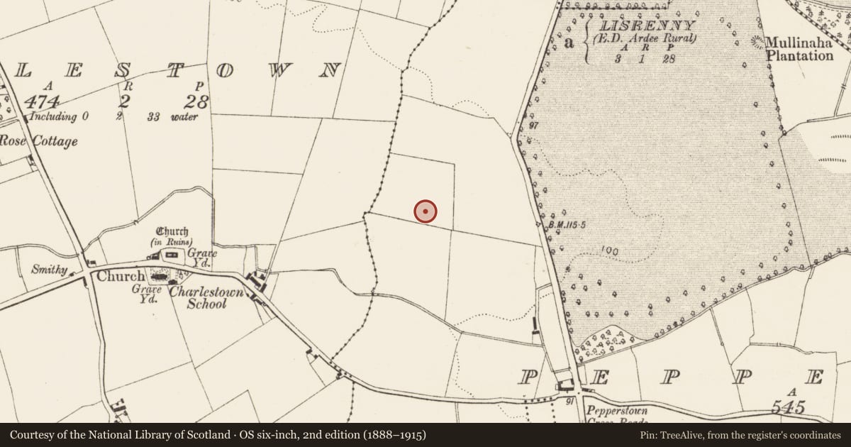 Ordnance Survey six-inch map, 2nd edition (1888–1915) covering the location of Enclosure, Pepperstown, County Louth, with a pin at the register's coordinates