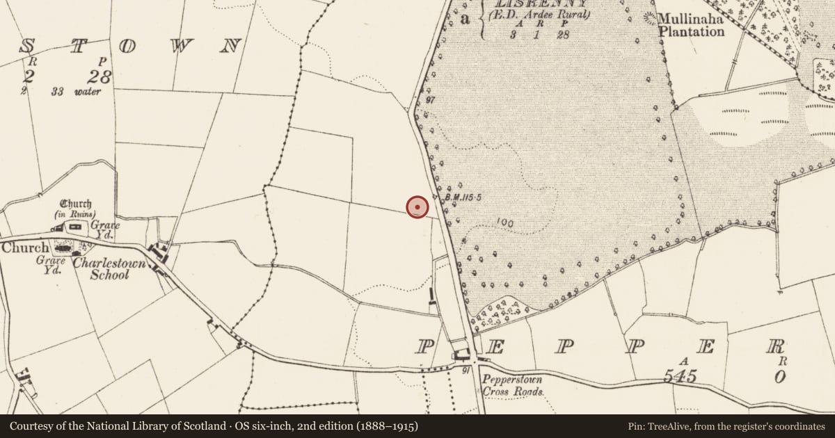 Ordnance Survey six-inch map, 2nd edition (1888–1915) covering the location of Ring-ditch, Pepperstown, County Louth, with a pin at the register's coordinates