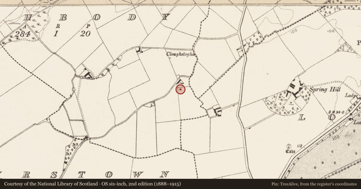 Ordnance Survey six-inch map, 2nd edition (1888–1915) covering the location of Enclosure, Rathbody, County Louth, with a pin at the register's coordinates