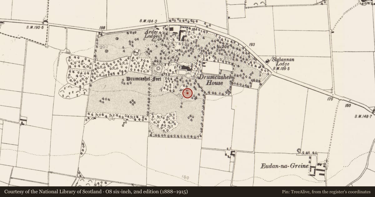 Ordnance Survey six-inch map, 2nd edition (1888–1915) covering the location of Enclosure - large enclosure, Drumcashel, County Louth, with a pin at the register's coordinates