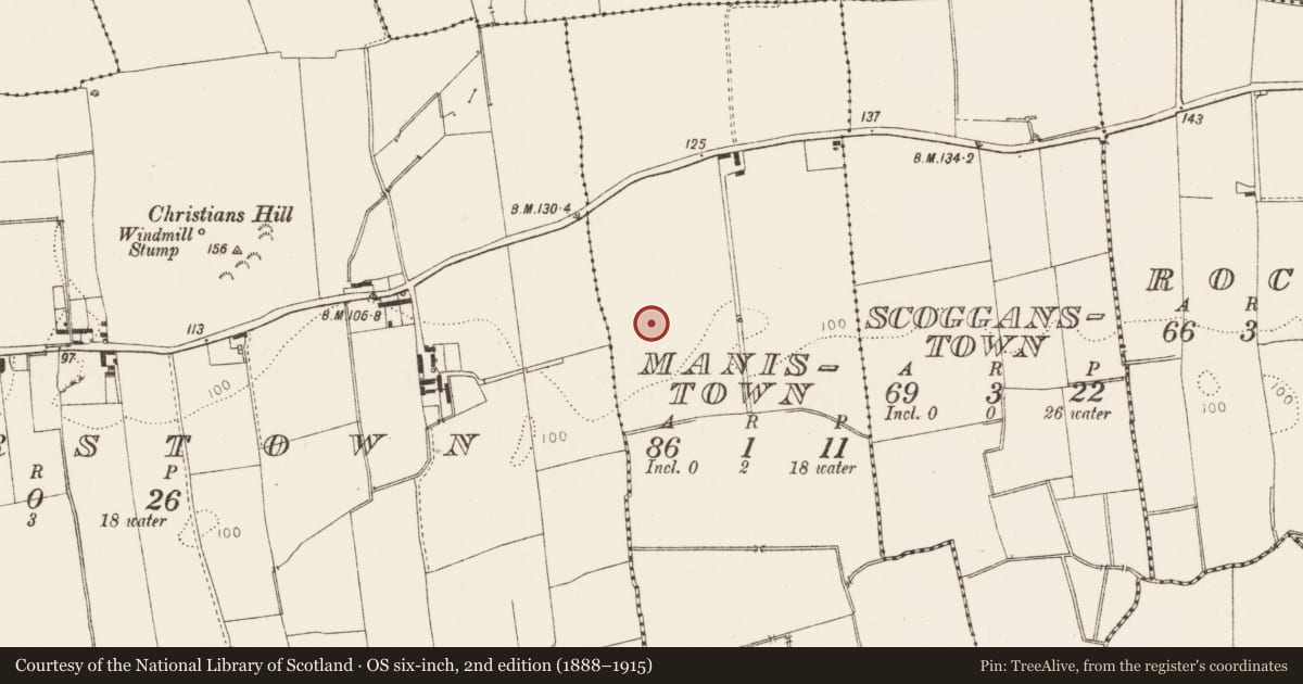 Ordnance Survey six-inch map, 2nd edition (1888–1915) covering the location of Enclosure, Manistown, County Louth, with a pin at the register's coordinates