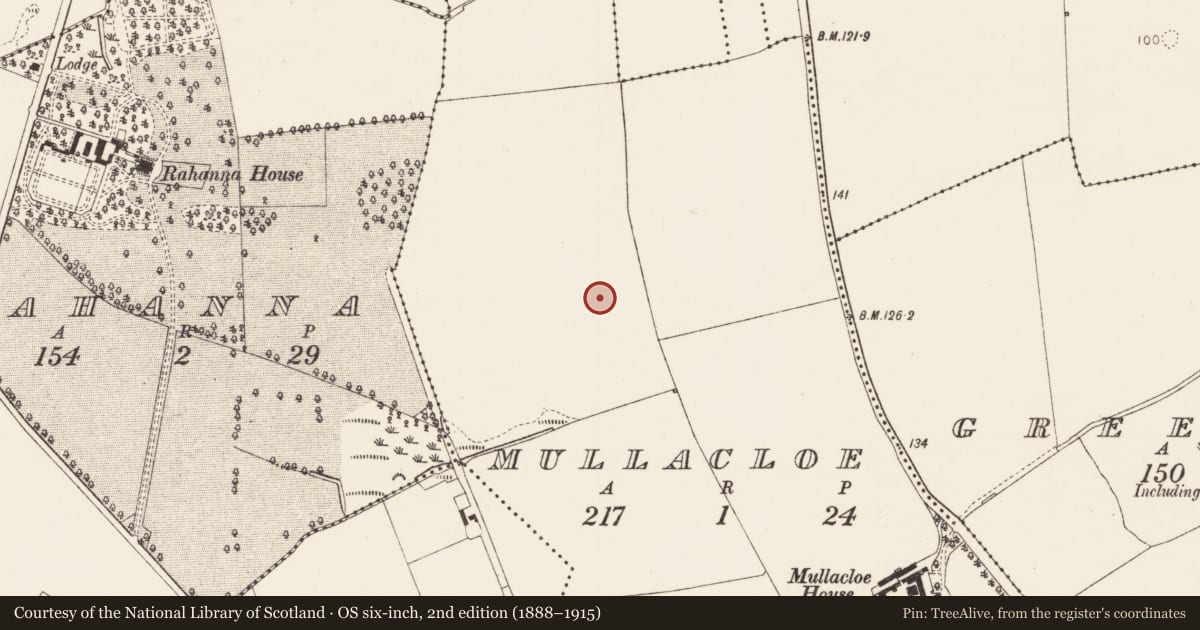 Ordnance Survey six-inch map, 2nd edition (1888–1915) covering the location of Enclosure, Mullacloe, County Louth, with a pin at the register's coordinates
