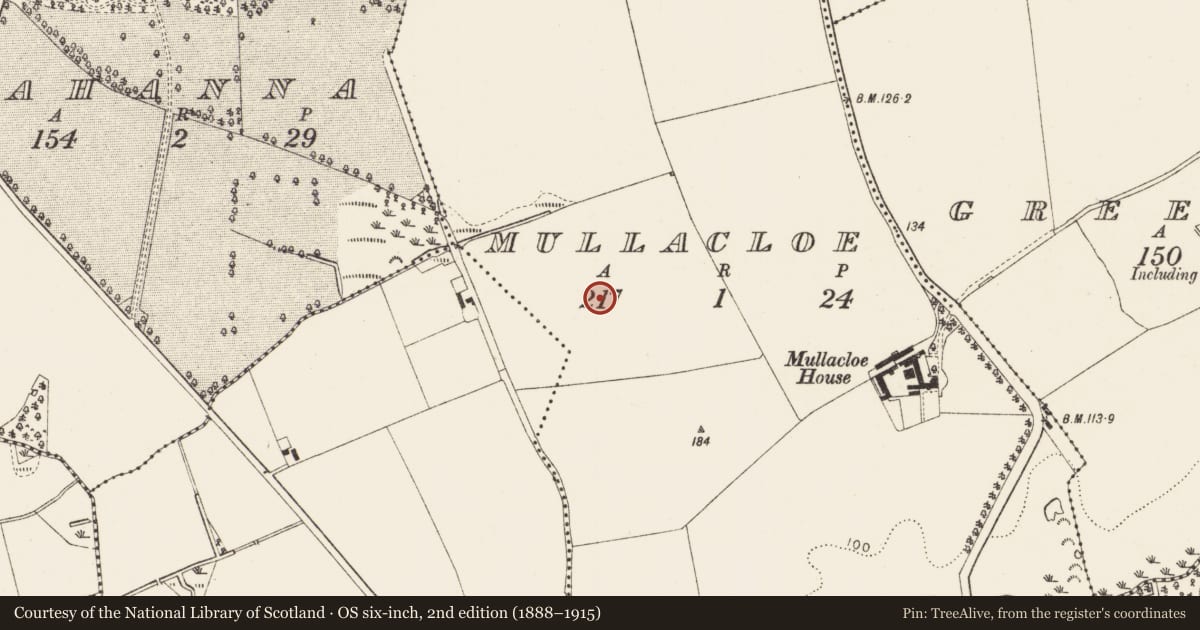 Ordnance Survey six-inch map, 2nd edition (1888–1915) covering the location of Enclosure, Mullacloe, County Louth, with a pin at the register's coordinates