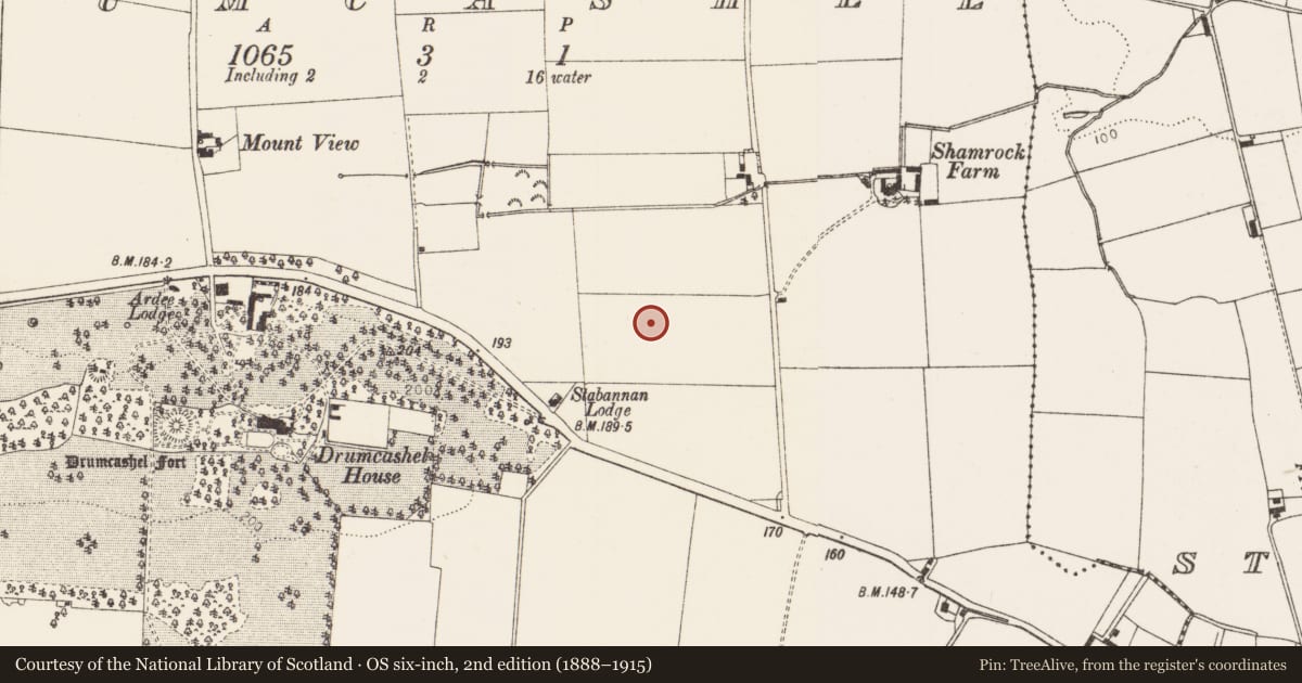 Ordnance Survey six-inch map, 2nd edition (1888–1915) covering the location of Enclosure, Drumcashel, County Louth, with a pin at the register's coordinates