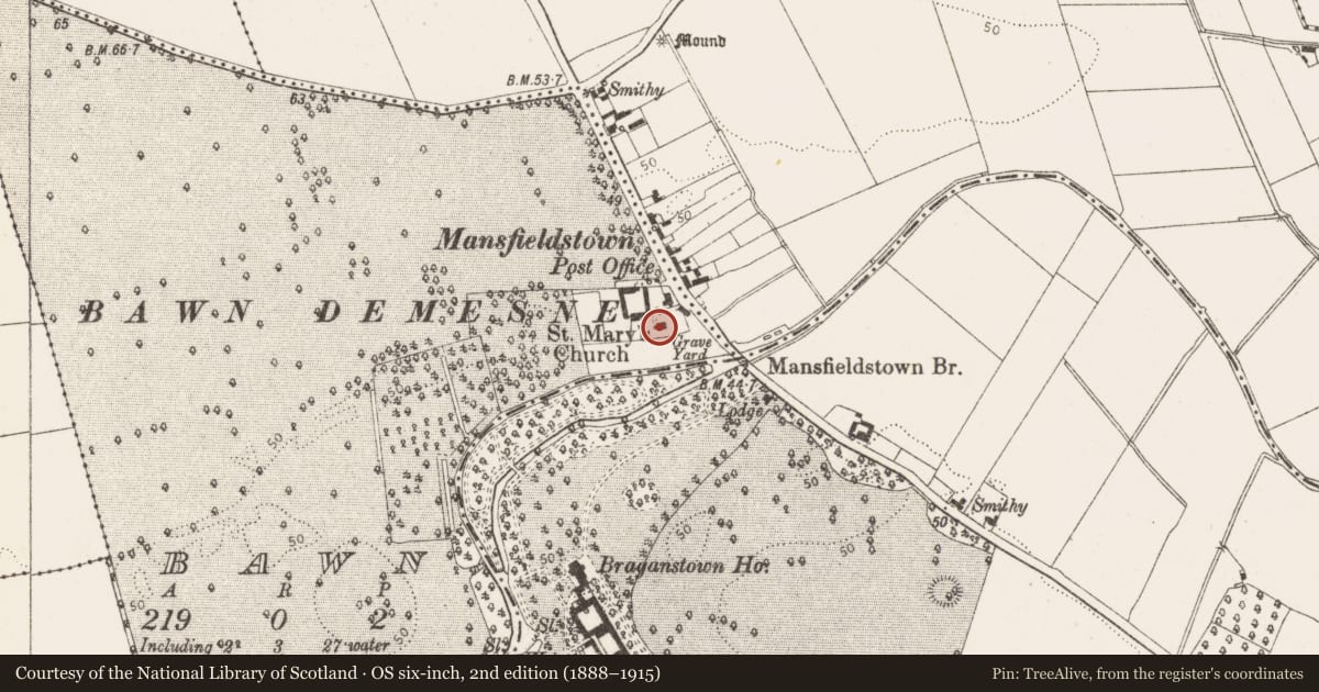 Ordnance Survey six-inch map, 2nd edition (1888–1915) covering the location of Church, Bawn, County Louth, with a pin at the register's coordinates