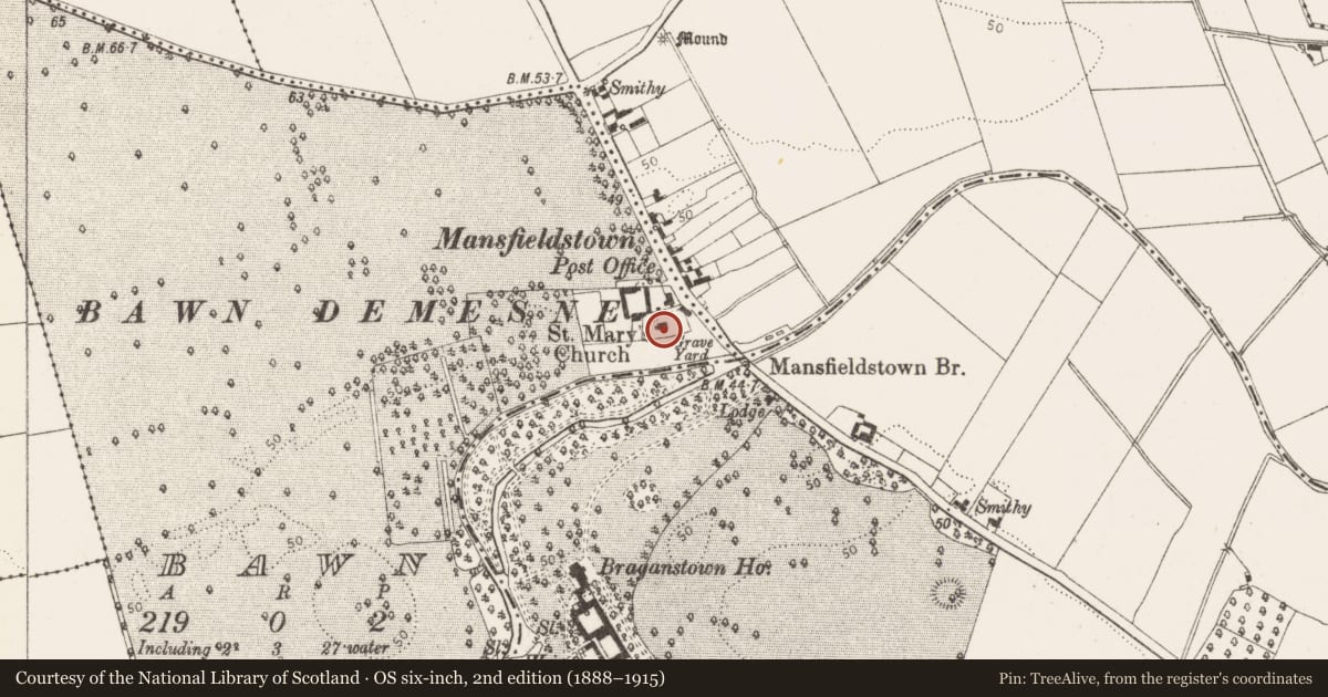 Ordnance Survey six-inch map, 2nd edition (1888–1915) covering the location of Stone head, Bawn, County Louth, with a pin at the register's coordinates