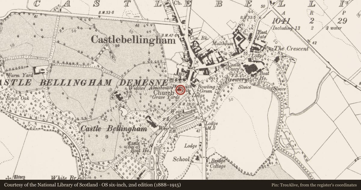 Ordnance Survey six-inch map, 2nd edition (1888–1915) covering the location of Church, Castlebellingham, County Louth, with a pin at the register's coordinates