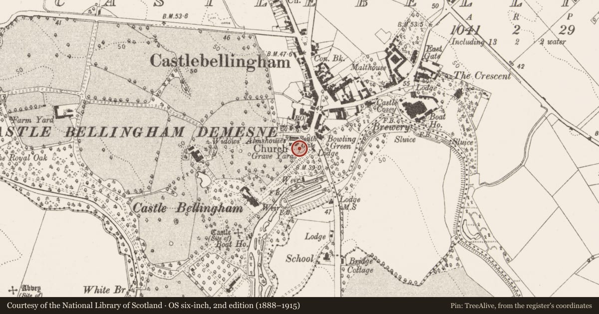 Ordnance Survey six-inch map, 2nd edition (1888–1915) covering the location of Graveyard, Castlebellingham, County Louth, with a pin at the register's coordinates