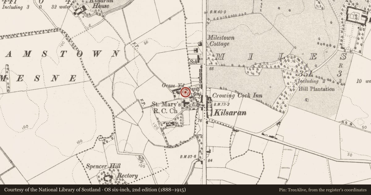 Ordnance Survey six-inch map, 2nd edition (1888–1915) covering the location of Church, Kilsaran, County Louth, with a pin at the register's coordinates