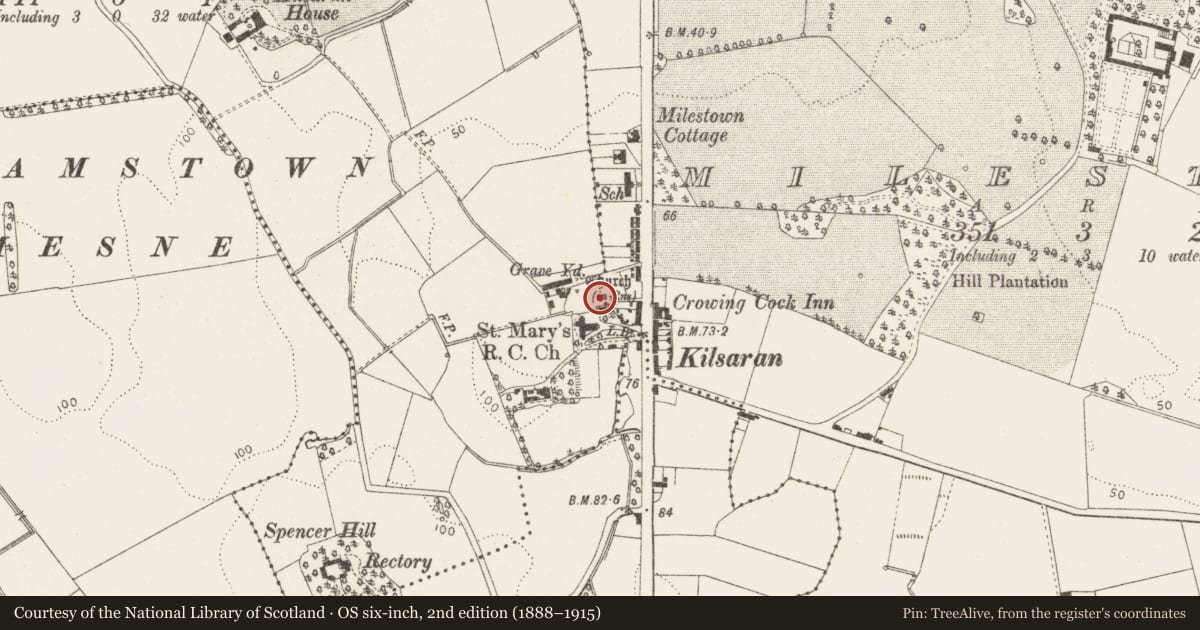 Ordnance Survey six-inch map, 2nd edition (1888–1915) covering the location of Graveyard, Kilsaran, County Louth, with a pin at the register's coordinates
