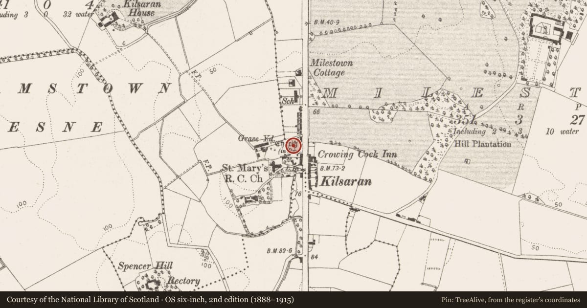 Ordnance Survey six-inch map, 2nd edition (1888–1915) covering the location of Font (present location), Kilsaran, County Louth, with a pin at the register's coordinates