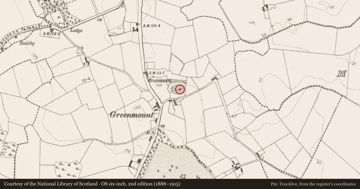 Ordnance Survey six-inch map, 2nd edition (1888–1915) covering the location of Castle - motte and bailey, Greenmount, County Louth, with a pin at the register's coordinates
