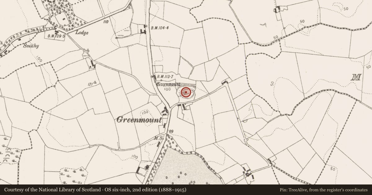 Ordnance Survey six-inch map, 2nd edition (1888–1915) covering the location of Souterrain, Greenmount, County Louth, with a pin at the register's coordinates