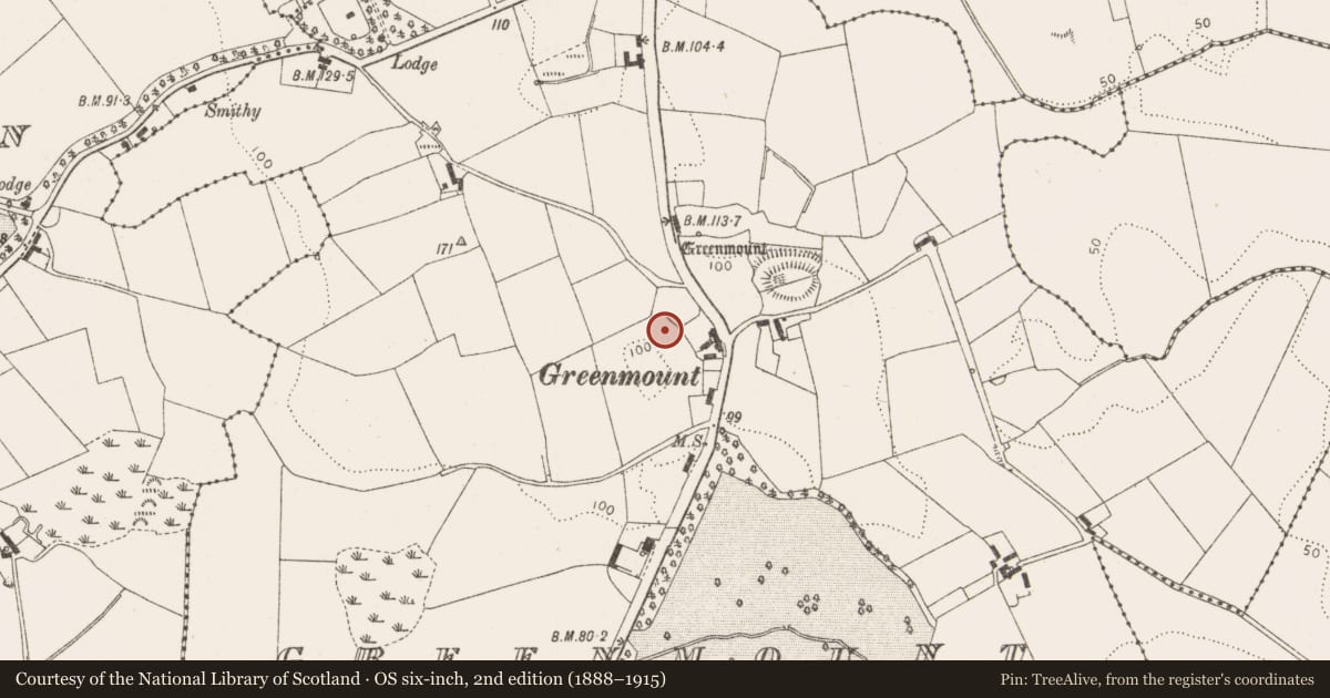 Ordnance Survey six-inch map, 2nd edition (1888–1915) covering the location of Milestone, Greenmount, County Louth, with a pin at the register's coordinates
