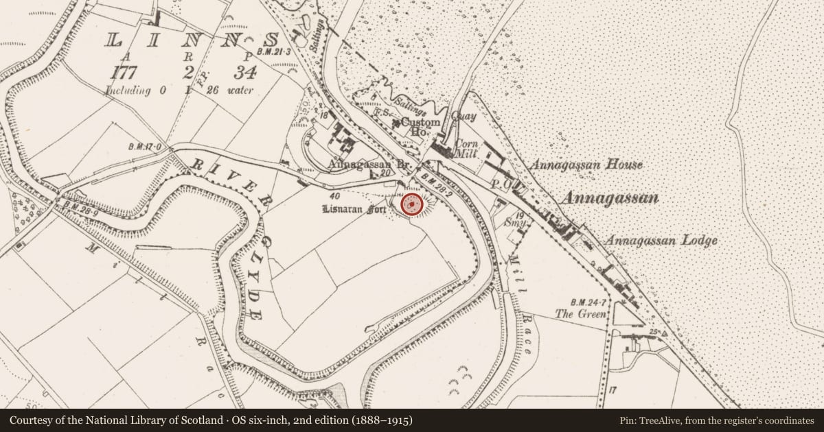 Ordnance Survey six-inch map, 2nd edition (1888–1915) covering the location of Cliff-edge fort, Linns, County Louth, with a pin at the register's coordinates