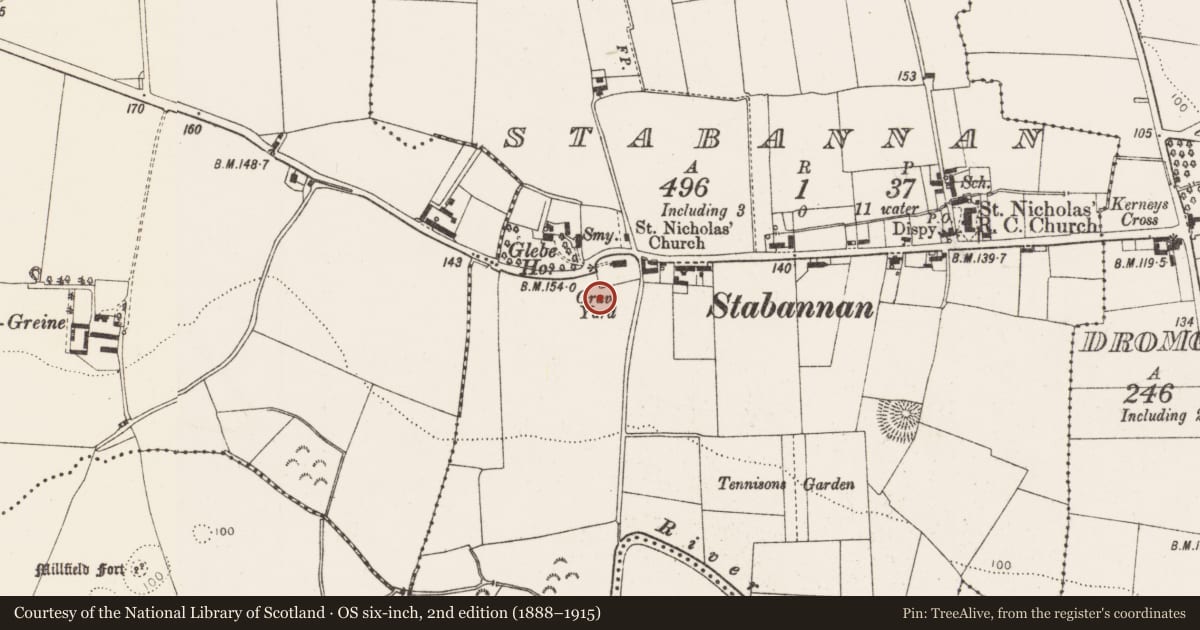 Ordnance Survey six-inch map, 2nd edition (1888–1915) covering the location of Ecclesiastical enclosure, Stabannan, County Louth, with a pin at the register's coordinates