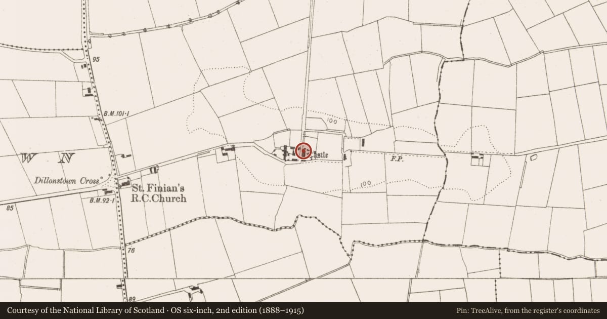 Ordnance Survey six-inch map, 2nd edition (1888–1915) covering the location of Castle - tower house, Dillonstown, County Louth, with a pin at the register's coordinates