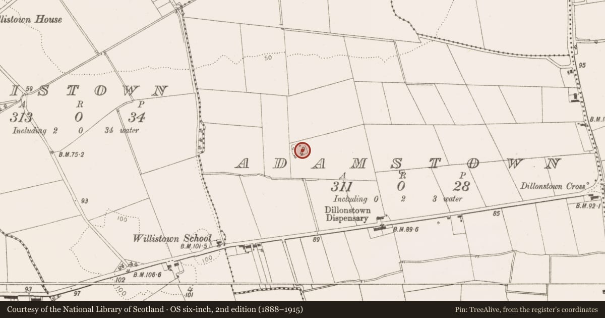 Ordnance Survey six-inch map, 2nd edition (1888–1915) covering the location of Burial ground, Adamstown, County Louth, with a pin at the register's coordinates