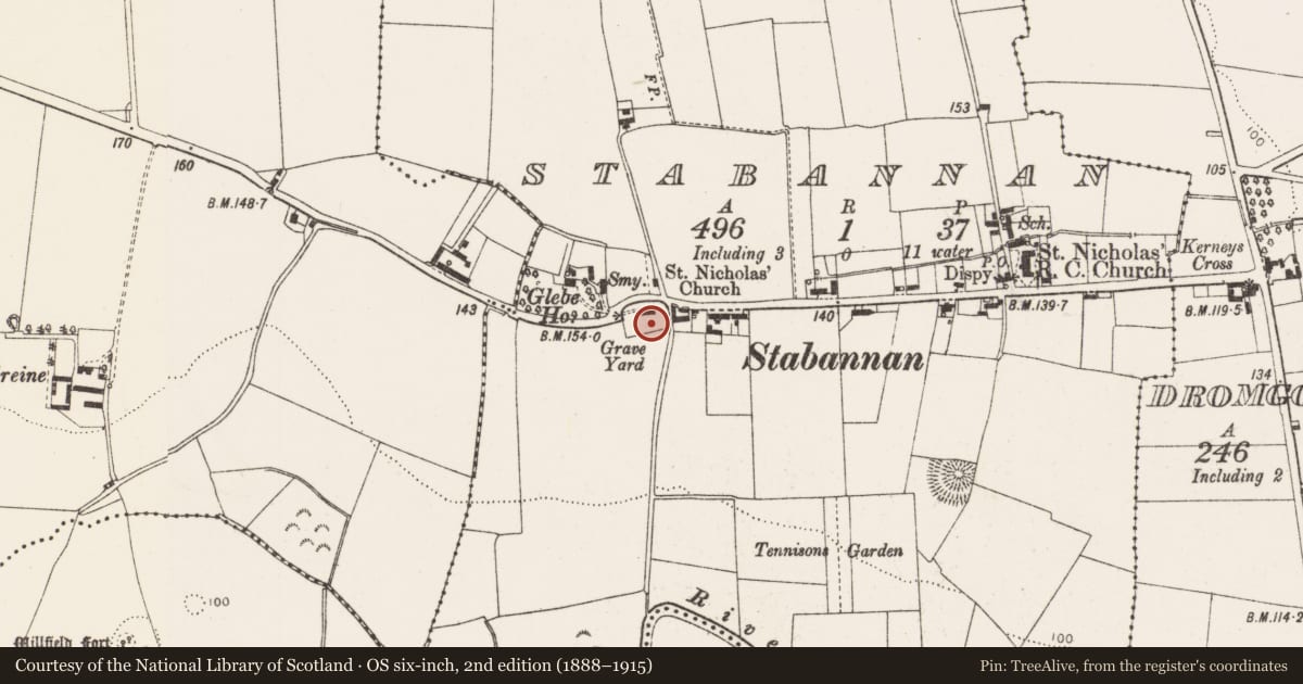 Ordnance Survey six-inch map, 2nd edition (1888–1915) covering the location of Graveyard, Stabannan, County Louth, with a pin at the register's coordinates