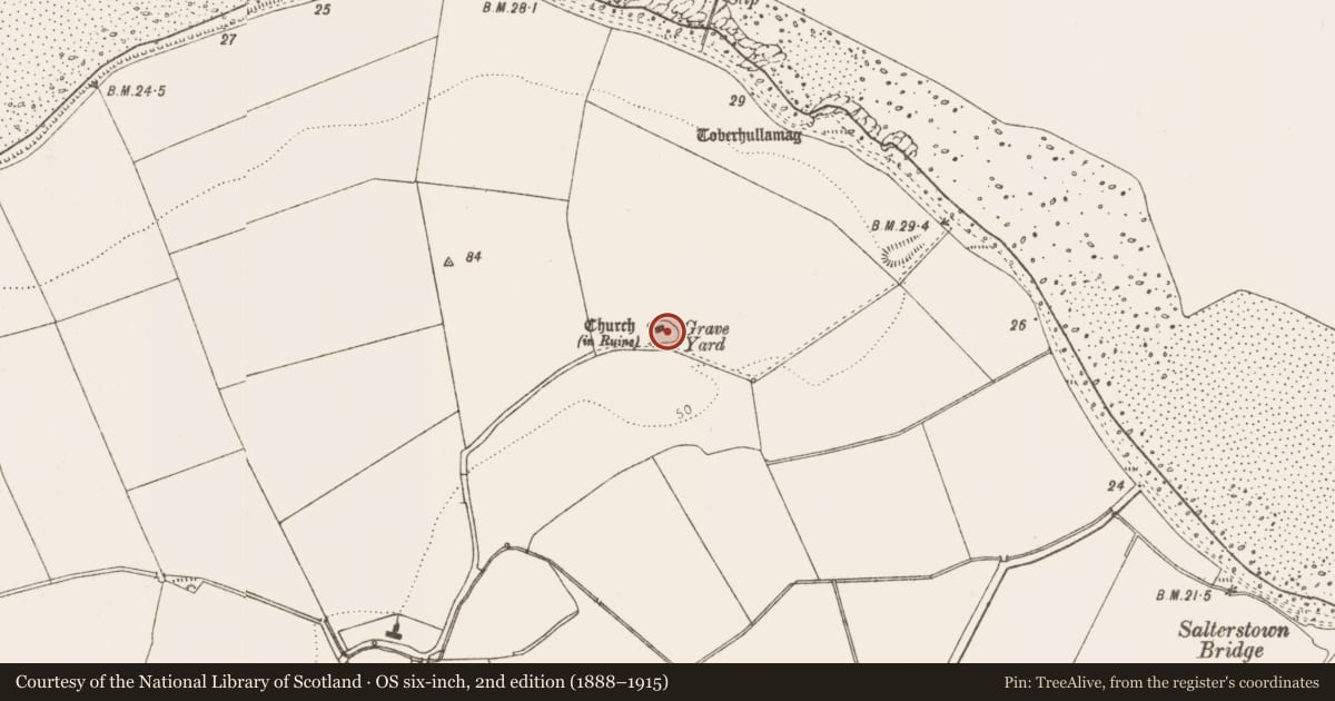 Ordnance Survey six-inch map, 2nd edition (1888–1915) covering the location of Church, Salterstown, County Louth, with a pin at the register's coordinates