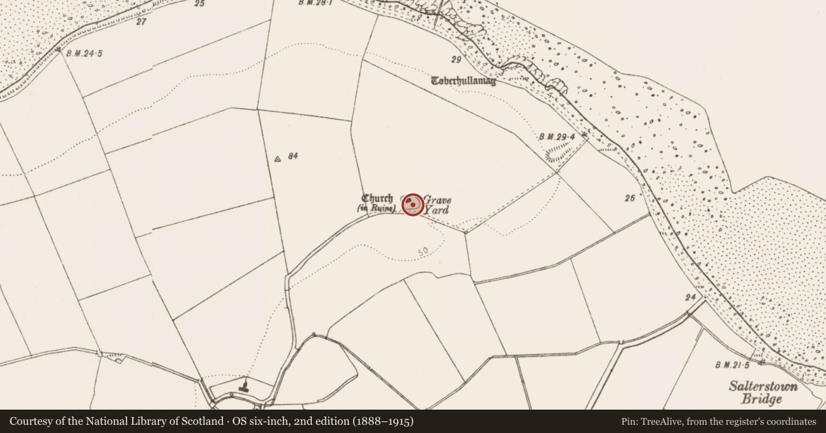 Ordnance Survey six-inch map, 2nd edition (1888–1915) covering the location of Graveyard, Salterstown, County Louth, with a pin at the register's coordinates