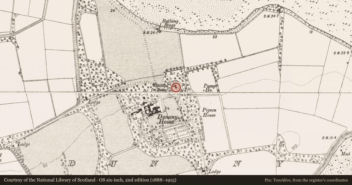Ordnance Survey six-inch map, 2nd edition (1888–1915) covering the location of Church, Dunany, County Louth, with a pin at the register's coordinates