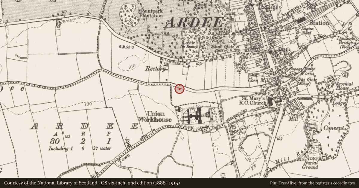 Ordnance Survey six-inch map, 2nd edition (1888–1915) covering the location of Mound, Townparks, County Louth, with a pin at the register's coordinates