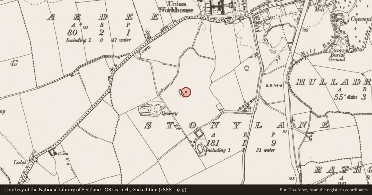 Ordnance Survey six-inch map, 2nd edition (1888–1915) covering the location of Ringfort - rath, Stonylane, County Louth, with a pin at the register's coordinates