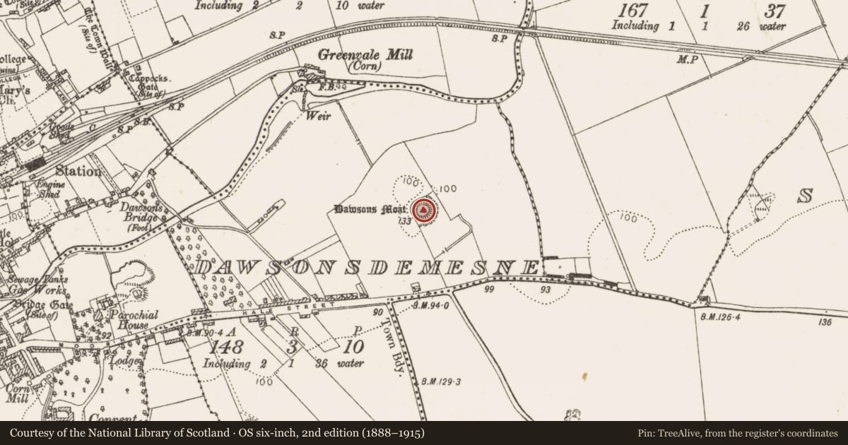 Ordnance Survey six-inch map, 2nd edition (1888–1915) covering the location of Building, Dawsonsdemesne, County Louth, with a pin at the register's coordinates