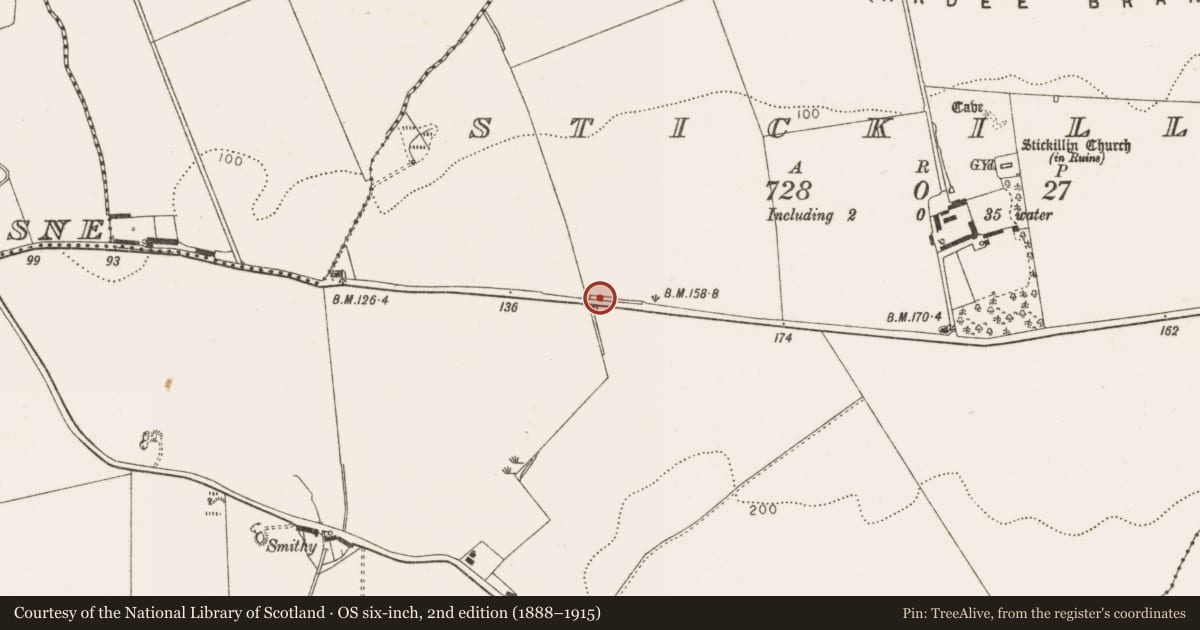 Ordnance Survey six-inch map, 2nd edition (1888–1915) covering the location of Road - road/trackway, Stickillin, County Louth, with a pin at the register's coordinates