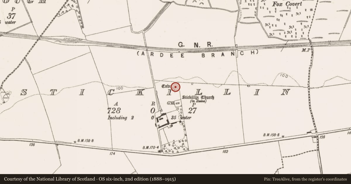 Ordnance Survey six-inch map, 2nd edition (1888–1915) covering the location of Souterrain, Stickillin, County Louth, with a pin at the register's coordinates