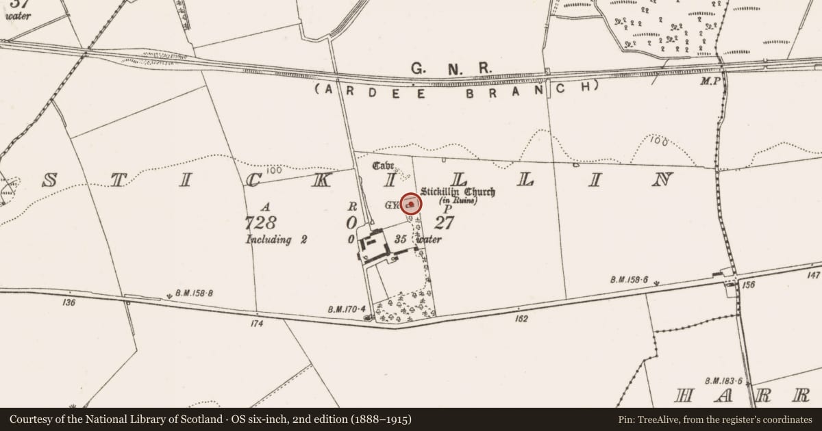 Ordnance Survey six-inch map, 2nd edition (1888–1915) covering the location of Church, Stickillin, County Louth, with a pin at the register's coordinates