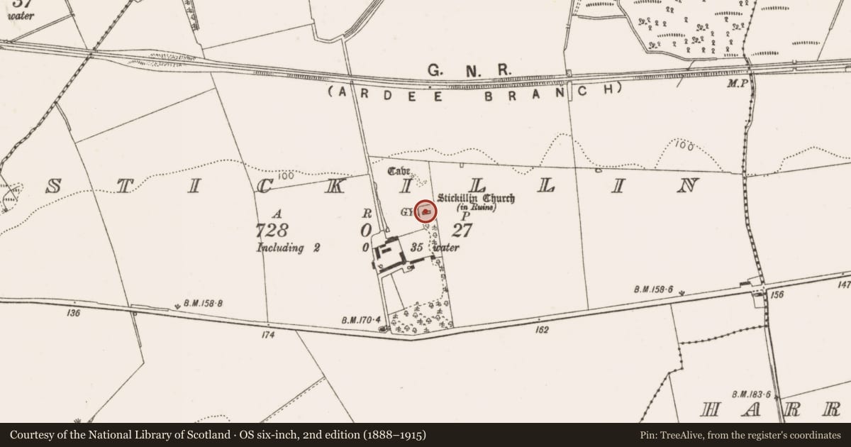 Ordnance Survey six-inch map, 2nd edition (1888–1915) covering the location of Font, Stickillin, County Louth, with a pin at the register's coordinates