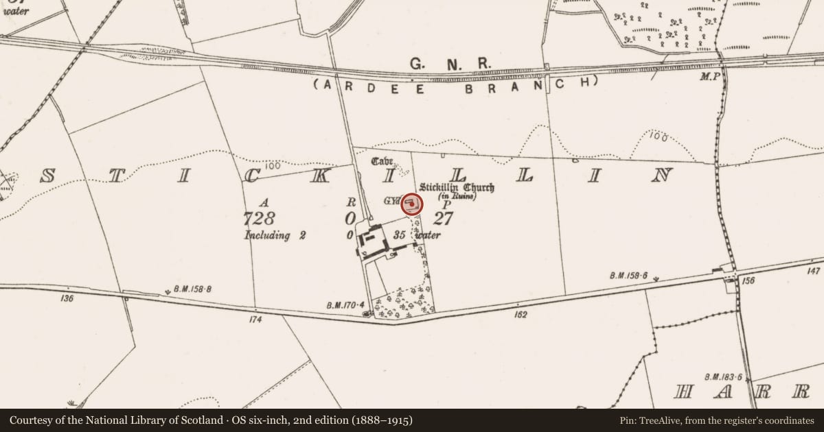 Ordnance Survey six-inch map, 2nd edition (1888–1915) covering the location of Graveyard, Stickillin, County Louth, with a pin at the register's coordinates