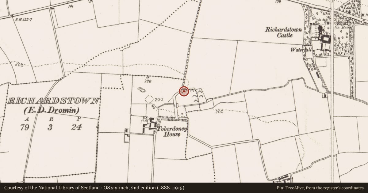 Ordnance Survey six-inch map, 2nd edition (1888–1915) covering the location of Church, Toberdoney, County Louth, with a pin at the register's coordinates