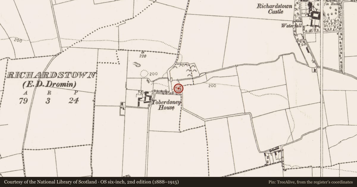 Ordnance Survey six-inch map, 2nd edition (1888–1915) covering the location of Ritual site - holy well, Toberdoney, County Louth, with a pin at the register's coordinates