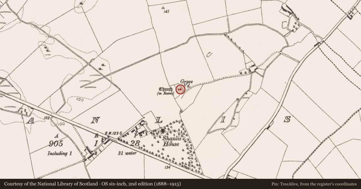 Ordnance Survey six-inch map, 2nd edition (1888–1915) covering the location of Church, Shanlis, County Louth, with a pin at the register's coordinates