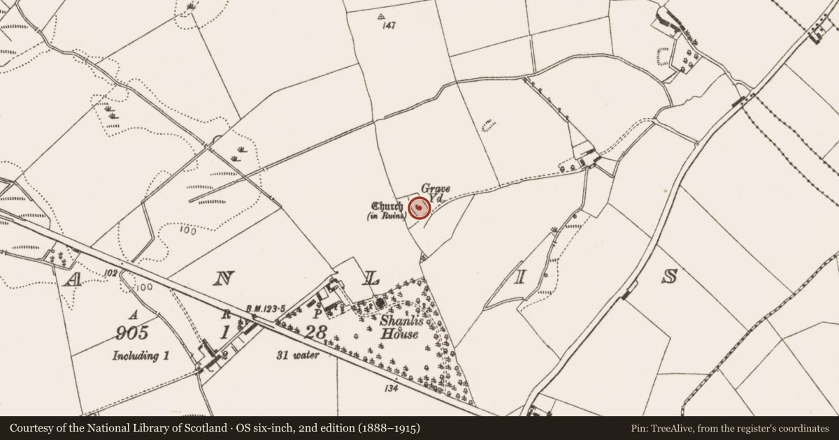 Ordnance Survey six-inch map, 2nd edition (1888–1915) covering the location of Architectural fragment, Shanlis, County Louth, with a pin at the register's coordinates