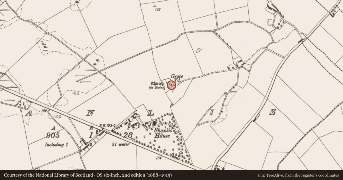 Ordnance Survey six-inch map, 2nd edition (1888–1915) covering the location of Graveyard, Shanlis, County Louth, with a pin at the register's coordinates