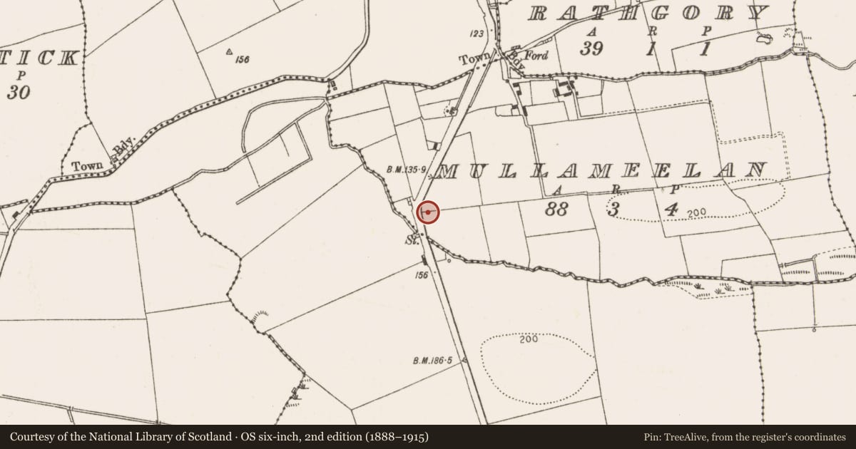Ordnance Survey six-inch map, 2nd edition (1888–1915) covering the location of Souterrain, Mullameelan, County Louth, with a pin at the register's coordinates