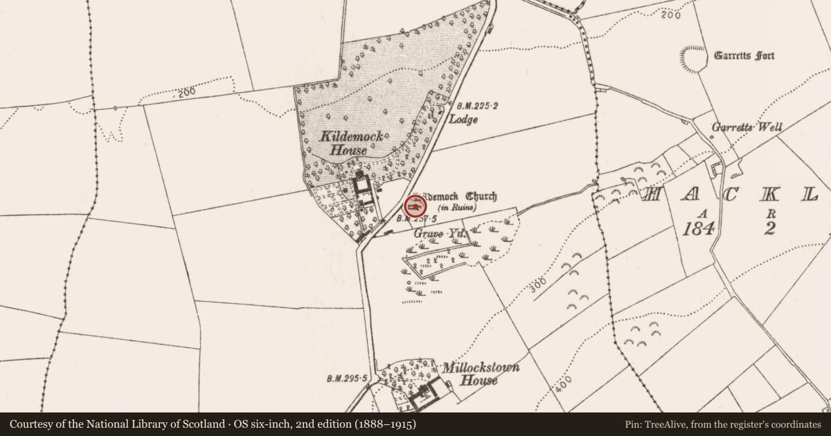 Ordnance Survey six-inch map, 2nd edition (1888–1915) covering the location of Church, Millockstown, County Louth, with a pin at the register's coordinates