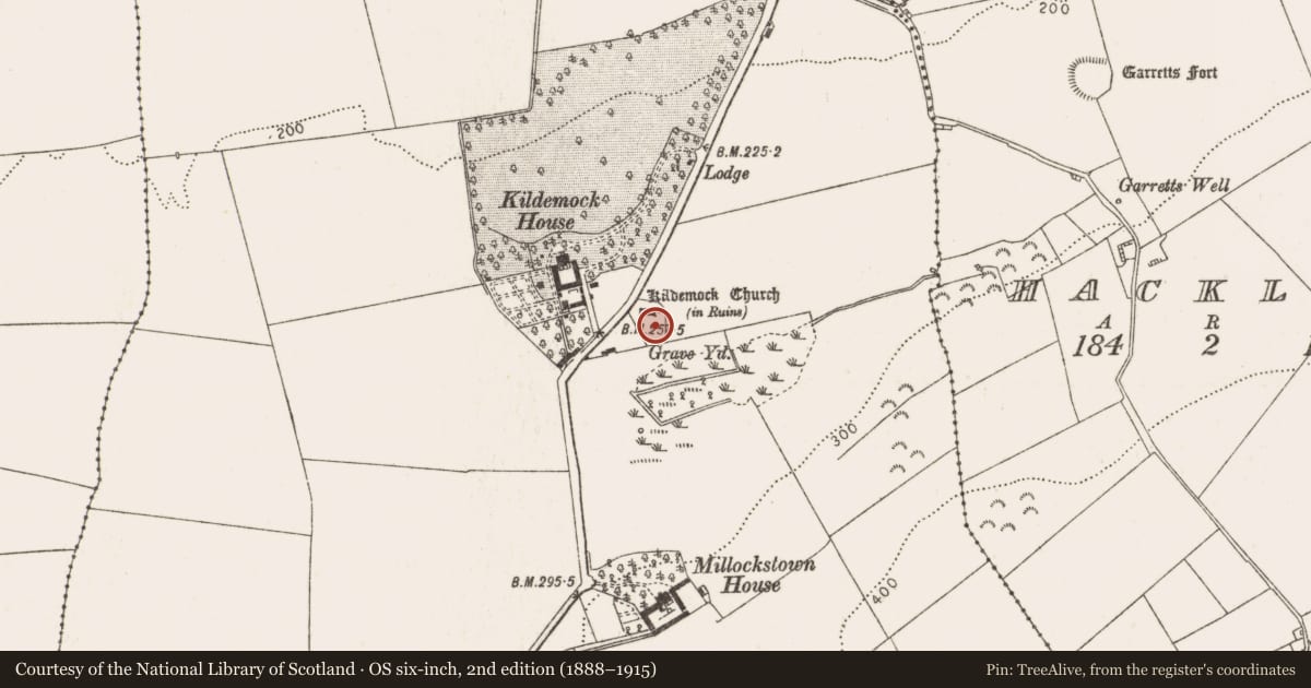 Ordnance Survey six-inch map, 2nd edition (1888–1915) covering the location of Graveyard, Millockstown, County Louth, with a pin at the register's coordinates